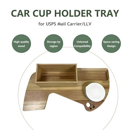 Car Cup Holder Tray for USPS/LLV Mail Carriers, Wooden Organizer with Scanner Slot, Pen Holder, Drink Holder, Postal Vehicle Accessory