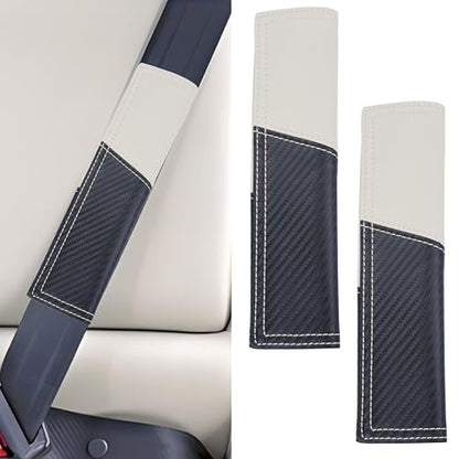 ecocstm 2 PCS Car Seat Belt Cover Pad, Carbon Fiber Safety Seatbelt Shoulder Strap Covers, Breathable Leather Soft Harness Pad, Interior Car Accessories, Universal for SUV, Truck, RV (Beige&Black - color: Beige