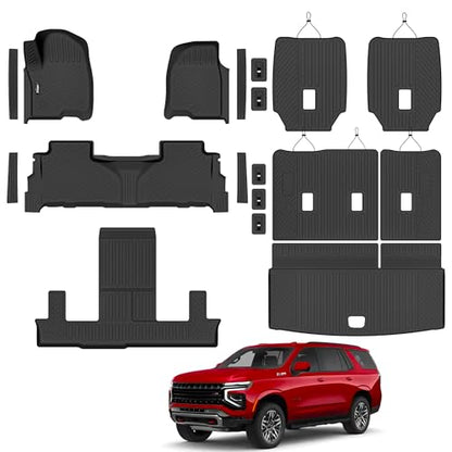 Floor Mats for 2021-2025 2026 Chevrolet/Chevy Tahoe/GMC Yukon 7 Seater with Trunk Mat All Weather TPE Rubber Cargo Liner Full Set for Chevrolet Tahoe/GMC Yukon Accessories (Not for Yukon XL) - size: For 2021-2026 Chevrolet Tahoe All Mats
