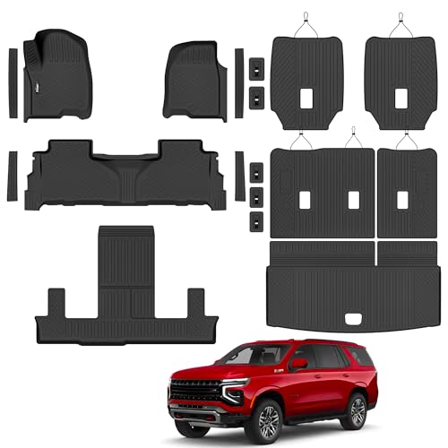 Floor Mats for 2021-2025 2026 Chevrolet/Chevy Tahoe/GMC Yukon 7 Seater with Trunk Mat All Weather TPE Rubber Cargo Liner Full Set for Chevrolet Tahoe/GMC Yukon Accessories (Not for Yukon XL) - size: For 2021-2026 Chevrolet Tahoe All Mats