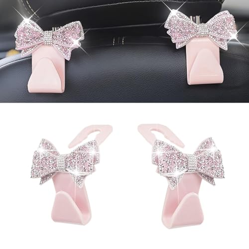 2 PCS Car Seat Headrest Hooks, Bling Rhinestones Crystal Bow Car Purse Hooks, Cute Backseat Storage Hanger for Handbag Purse Coat, Universal for SUV Truck Sedan (Pink) - color: Pink