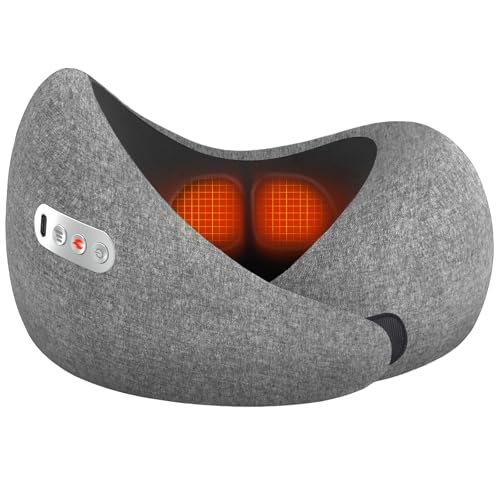Travel Neck Pillow 3 in 1 with Heating and Massage, Memory Foam Cervical Pillow, 360º Ergonomic Design, Asymmetrical Sides Wireless Portable for Airplane Car Office, Skin-Friendly Cover