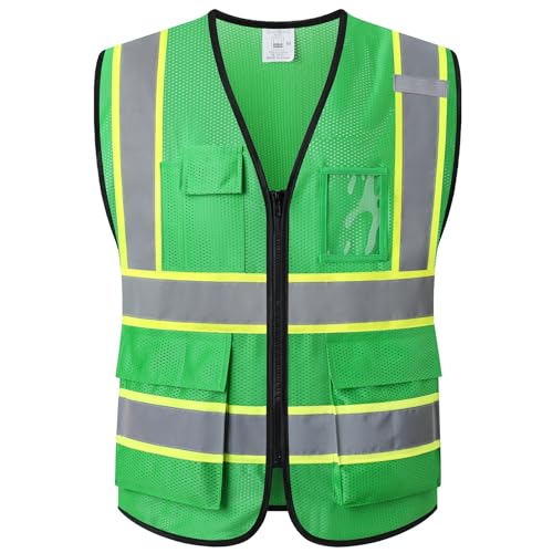 Reflective Mesh Safety Vest for Men Women with 5 Pockets and Zipper Front High Visibility Mesh Vest Hi Vis Construction Work Vest,Meets ANSI/ISEA Standards(EK175-Green-M) - color: Green, size: Medium