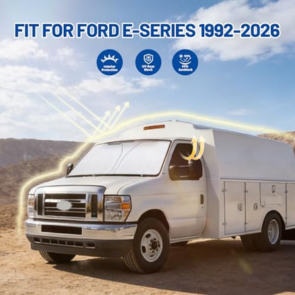 for Fo-rd E-Series 1992-2026 Front Windshield & Side Window Covers, Foldable 3-Piece Window Shades Set, Custom Fit Sunshade Visor for UV Rays & Heat Block, Cargo Van Accessories - size: Fit for Ford E-Series 1992-2026