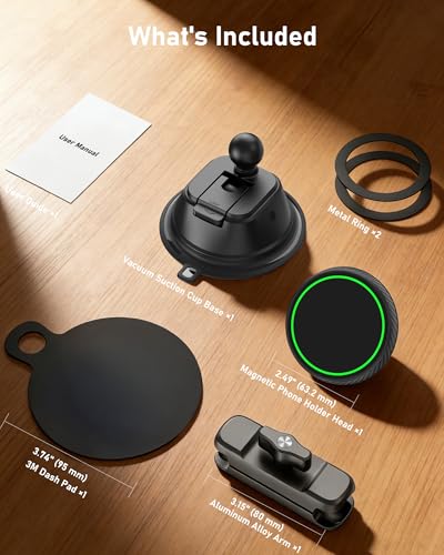 Magnetic Vacuum Suction Cup Phone Mount for Truck & Car, Heavy Duty Semi Truck Holder, 17x Strong Magnets, Adjustable Aluminum Arm Windshield Dashboard Window Mount for MagSafe iPhone 12–17 & Samsung