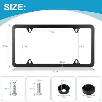 License Plate Frames Black, 2Pcs 4 Holes License Plate Holders, Stainless Steel License Plate Frame, Car License Plate Covers for US Vehicles