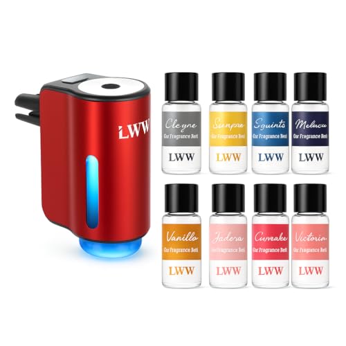 LWW Smart Car Air Freshener - 3 Levels Strength with Ventilation Clip, Rechargeable Car Fragrance Atomizer - with 8 10ml Bottles of Fragrance, Long Lasting Oil Diffuser (Red) - color: Red