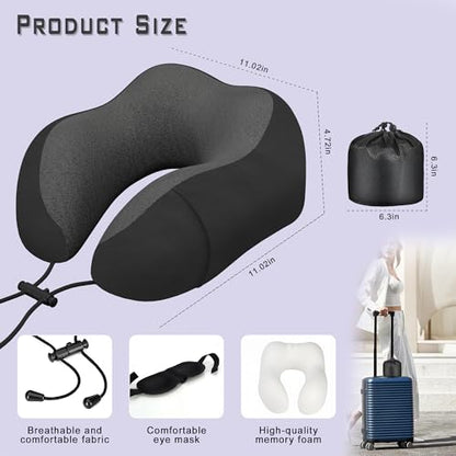 Neck Travel Pillow, Upgraded Memory Foam Pillow for Airplane, Machine Washable, Adjustable Flight Pillow, Suitable for Sleeping Airplane, Car, Office and Home (Black) - color: Black