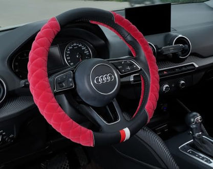 HAOKAY Luxury Fluffy Steering Wheel Cover for Women,Soft Warm Short Plush Steering Wheel Cover Red Fuzzy with Universal 14.5-15 Inch - color: RED