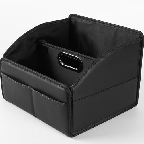 Car Storage Organizer [2025 UPDATED] Leather Car Caddy Basket for Front Seat Floor Back Seats Metal Handle 6 Compartments Adjustable Strap Buckles Slip-Resistant (Black) - color: Leather Black