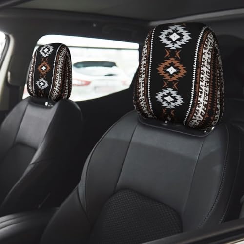 Black Aztec Car Seat Headrest Covers Universal Size Western Southwest Head Rest Wrap Cover Soft Breathable Native American Cars Accessories 2 Packs Headrest Cushion Case - color: Black Aztec
