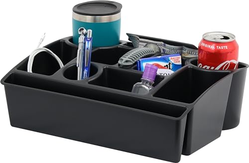 Moblorg Vehicle Seat Organizer Car Storage Caddy with Carrying Handle, 2 Large Cup Holders, 10 Compartments, Hidden Extra Storage, Fits Most Vehicles, Made in USA from Recycled Plastic