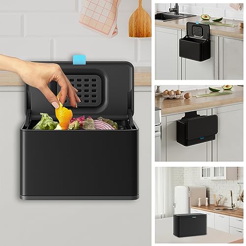 Stainless Steel Hanging Trash Can with Lid and Inner Bucket, 1 Gallon Kitchen Compost Bin for Counter Top, Under Sink or Wall Mount, Small Garbage Can for Cupboard/Bathroom/Bedroom/RV, Black - color: Black, size: 1 Gallon