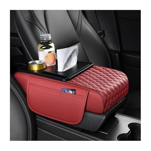 HZEL 5-in-1 Car Center Console Cover, Multifunctional Vehicle Armrest Box Mat with 2 Storage Bags Tissue Box Cup Holder Phone Slot, Automotive Arm Rest Cover, Universal Fit (Red) - color: Red