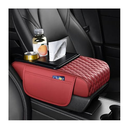 HZEL 5-in-1 Car Center Console Cover, Multifunctional Vehicle Armrest Box Mat with 2 Storage Bags Tissue Box Cup Holder Phone Slot, Automotive Arm Rest Cover, Universal Fit (Red) - color: Red