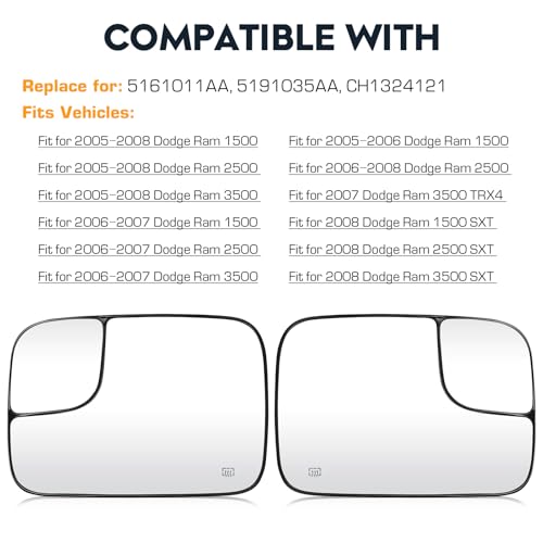 Driver Left and Passenger Right Side Mirror Blind Spot Convex Heated Mirror Glass with Rear Holder Fit for 2005-2009 Dodge Ram 1500 2500 3500, Replacement for 5161011AA 5191036AA - size: Left and Right