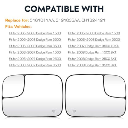 Driver Left and Passenger Right Side Mirror Blind Spot Convex Heated Mirror Glass with Rear Holder Fit for 2005-2009 Dodge Ram 1500 2500 3500, Replacement for 5161011AA 5191036AA - size: Left and Right