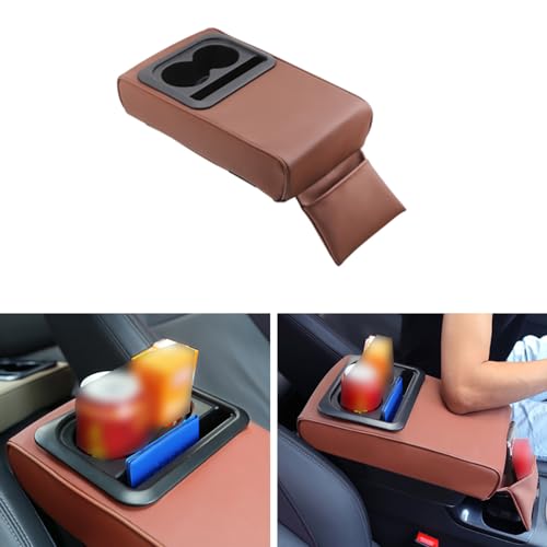 PU Leather Armrest Cushion with Cup Holder, Car Center Console Pad with Front Storage Pocket, Elbow Rest Pillow, Universal Car Armrest Seat Box Cover Protector - Brown - color: Brown