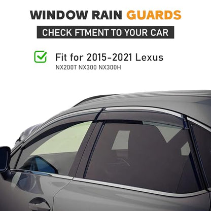 Shatterproof Taped-On Window Deflectors for Lexus NX200T NX300H 2015-2021 with Chrome Trim, Rain Guards, Window Visors for Car, Vent Deflector, 4pcs - size: For 2015-2021 NX200T/300H