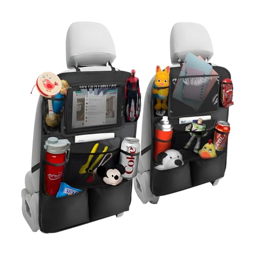 2PCS Car Seat Back Organizer, Waterproof Vehicle Storage Bag with Touch Screen Tablet Holder & 9 Pockets, Auto Kick Mats Back Seat Protector for Kids, Universal Travel Accessories (Black/Large) - color: Black, size: L