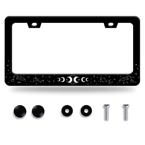 Moon Stars License Plate Frame Colorful Galaxy Moon Phase License Plate Funny Stainless Steel Auto Parts Beautiful License Plate Decoration Holes Screws Size 12.3" x 6.3" - color: Moon Phase Galaxy Stars
