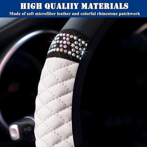 Soft Leather Car Steering Wheel Cover, Universal 15 Inch Colorful Rhinestones Anti-Slip Elastic Steering Wheel Covers for Most Cars, Sparkly Crystal Diamond for Women Girls (White) - color: White