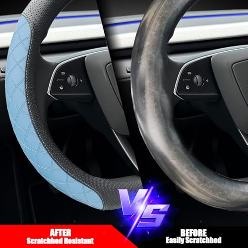 LKWLIKEI Leather Steering Wheel Cover. Elegant Diamond Checkered Design, Non-Slip and Breathable, for Tesla Model 3/Y Steering Wheel Protector,Black Blue - color: Black Blue