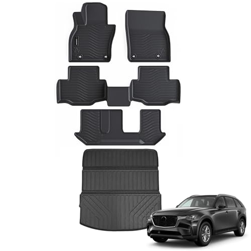 Auxko All Weather Floor Mats Cargo Mat Back Seat Mat Fit for Mazda CX90 8 Seat 2026 2025 2024 TPE Floor Liner Trunk Mat CX90 Accessories All Season Odorless Anti-Slip Black - size: cx90 8p|2024-2026|floor+cargo+backrest mats
