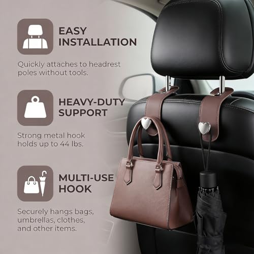 2PCS Car Seat Headrest Hook, Cute Heart Vehicle Backseat Purse Bag Hanger Organizer, Auto Seat Back Storage Holder for Groceries Coats Umbrellas, Universal for Vehicles (Brown)