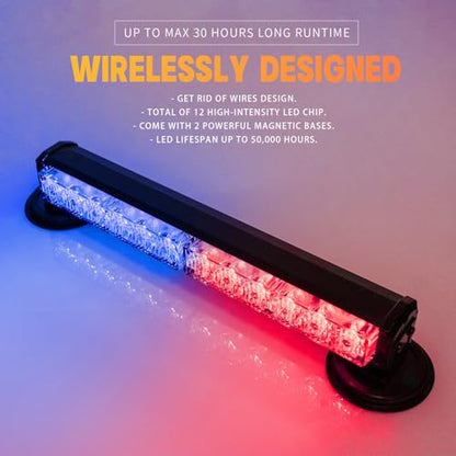 14 in Battery Powered Police Emergency Strobe Lights Bar Wireless Rooftop Mini Hazard Flashing LED Beacon Warning Light w/Magnetic Base for Law Enforcement Vehicles Firefighter Trucks (Red/Blue) - color: Red/Blue