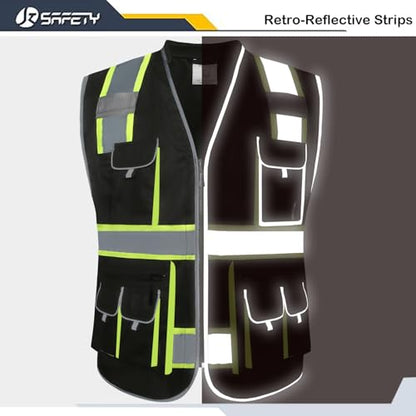 JKSafety 10 Pockets Hi-Vis Zipper Front Black Safety Vest | Cushioned Collar | High Reflective Tapes with Extended Neon Yellow Strips | Meets ANSI/ISEA Standards (Large, 89-Black) - color: Blackt1s1, size: Large