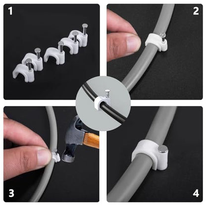 Jadaol Cable Clips with Nails, 400 Pack Cord Wire Clips (5mm 6mm 8mm 10mm), Nail-in Round Cable Tacks for Ethernet Cable, Coaxial, TV, Speaker, Electrical Wire, White - size: 5/6/8/10mm