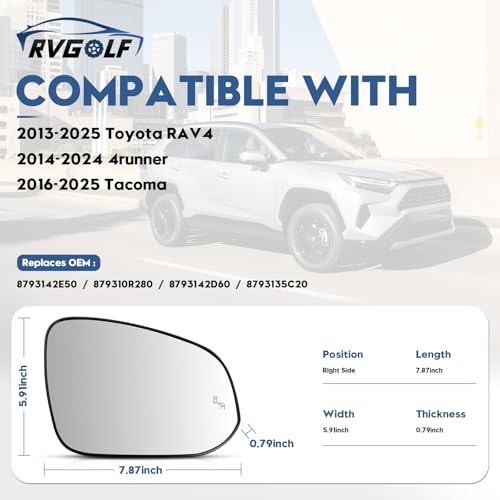Blind Spot Mirrors for 2013-2025 RAV4, 2014-2024 4runner, 2016-2025 Tacoma, Passenger Side Mirror Replacement with Blind Spot Warning Light, Power Heated Mirrors for Anti-Fog, Durable Backing Plate - size: 13-25 RAV4, 16-25 Tacoma
