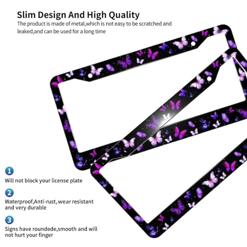 Purple Butterfly License Plate Frame Beauty Butterfly Steering Wheel Cover Funny Cars Decor Aluminum Plate Frame Anti-Slip Breathable with Screws Fits Standard Us Ca Vehicles - color: Purple Butterfly