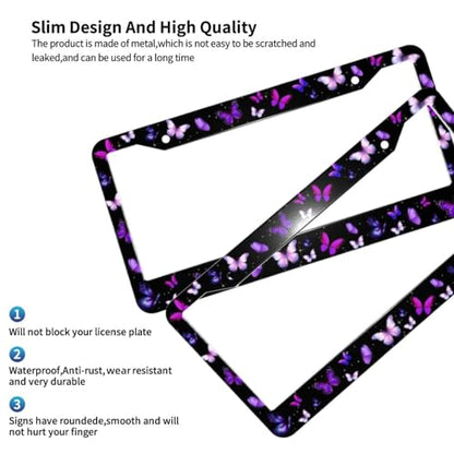 Purple Butterfly License Plate Frame Beauty Butterfly Steering Wheel Cover Funny Cars Decor Aluminum Plate Frame Anti-Slip Breathable with Screws Fits Standard Us Ca Vehicles - color: Purple Butterfly