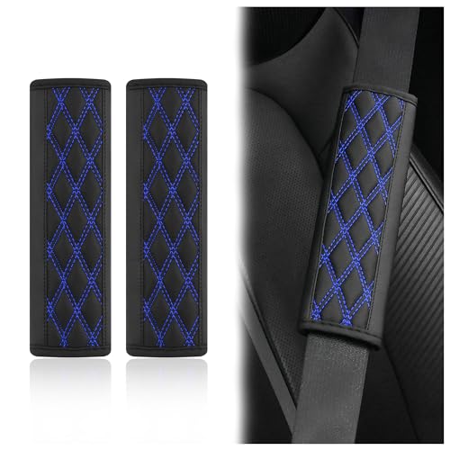 2PCS Car Seat Belt Cover Pads,Leather Seatbelt Covers Protect Shoulder and Neck Car Accessories Interior,Universal Car Seat Strap Pads Car Decorations for Most Cars Trucks (Black/Blue) - color: Black/Blue