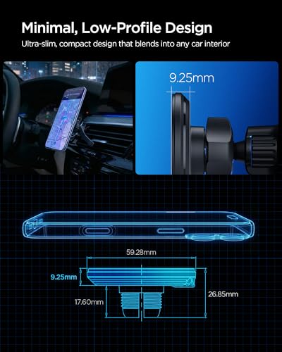 Spigen Essential MagFit Qi2 Ultra-Thin 15W MagSafe Car Mount Charger with Airboost™ & Dimmed RGB Lights Wireless Car Charger Mount Compatible with iPhone 17e, 17 Pro Max, 17 Pro, 17 16 15 14 13 12 - size: 15W Qi 2 Ultra Slim