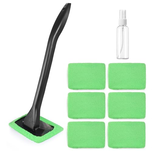 Windshield Cleaner Tool Car Window Cleaner with 6 Reusable and Washable Microfiber Pads and Extendable Handle Auto Inside Glass Wiper Kit (Green)