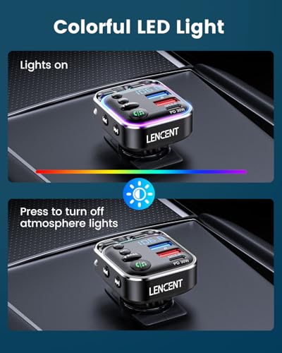 LENCENT Bluetooth 5.3 FM Transmitter Car Adapter 48W (PD30W & QC18W) Fast Charger, Light Switch, HiFi Bass Sound Audio Receiver Wireless Radio MP3 Music Player, Hands-Free Calling, Support USB Drive