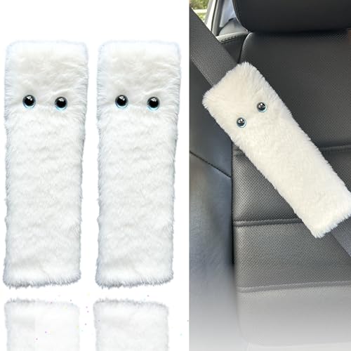 White Cat Eyes Seat Belt Strap Cover Pad, Cute Funny Kawaii Interior Car Accessories Decor, for Auto Car Truck Pickup 2025, Artificial Soft Wool, Fluffy Shoulder Neck Cushion Protector, 2 PCS - color: White