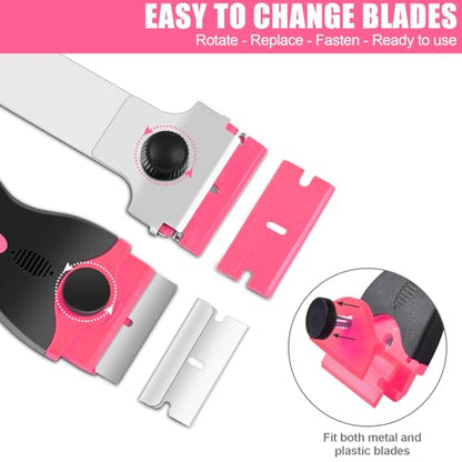 NECAMOCU 4 Pack Razor Blade Scraper, Premium Cleaning Scraper Tool with 50 PCS Metal & Plastic Razor Blades, Multi-Purpose Glass Scraper for Windows, Sticker, Decals, Cooktop, Paint Removal (Pink) - color: Pink