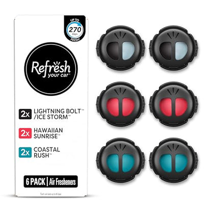 Refresh Your Car Mini Diffuser Car Air Fresheners Variety Pack, Lightning Bolt/Ice Storm, Hawaiian Sunrise, and Coastal Rush Scents, 6 Pack - size: 6 Count (Pack of 1)