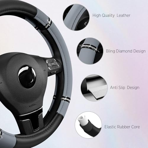 Road Comfort Leather Steering Wheel Cover – Premium Anti-Slip Car Steering Wheel Grip Cover – Universal Fit for 14.5”–15” Cars, Trucks & SUVs - Gray - color: Gray