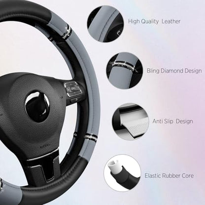 Road Comfort Leather Steering Wheel Cover – Premium Anti-Slip Car Steering Wheel Grip Cover – Universal Fit for 14.5”–15” Cars, Trucks & SUVs - Gray - color: Gray