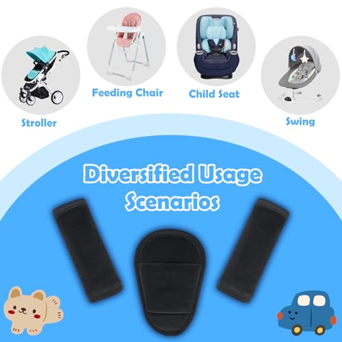 3 Pcs Car Seat Stroller Straps Pads for Baby, Newborn Soft Shoulder Strap and Crotch Covers, Universal Shoulder Straps Pads for Car Seat, Pushchair, High Chair (Black) - color: Black