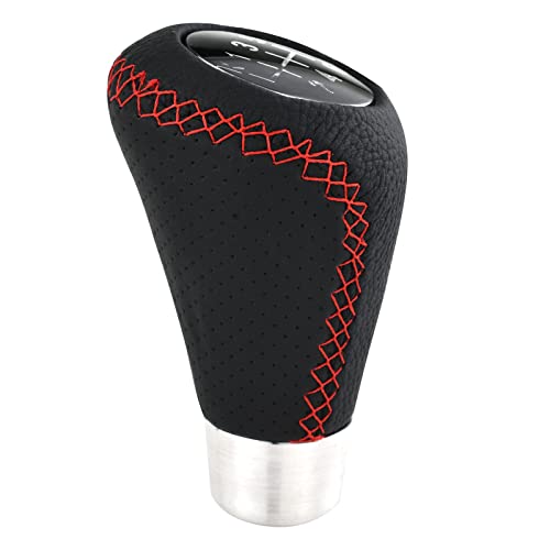 Lunsom 6 Speed Manual Shifter Knob PU Gear Shift Handle Leather Car Shifting Lever Head Accessories Fit Most Vehicle (Red Suture) - color: Red