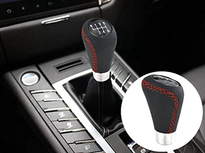 Lunsom 6 Speed Manual Shifter Knob PU Gear Shift Handle Leather Car Shifting Lever Head Accessories Fit Most Vehicle (Red Suture) - color: Red