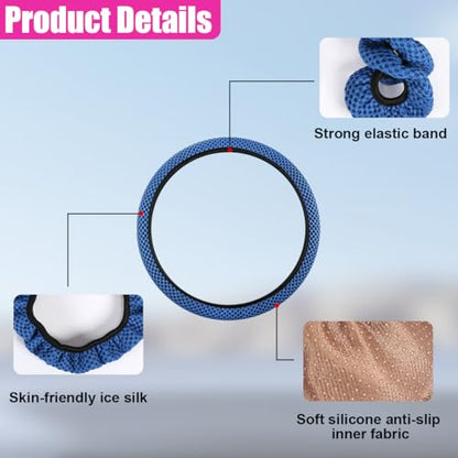 Elastic Stretch Steering Wheel Cover, Anti-Slip 15 inch Microfiber Odorless Breathable Ice Silk Car Steering Wheel Protector, Easy Carry, Warm in Winter & Cool in Summer (Blue) - color: Blue