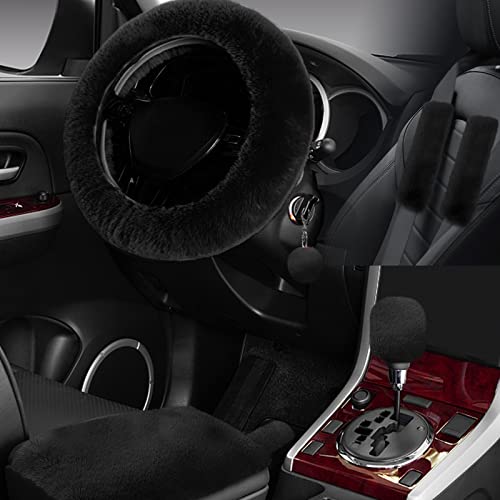 7PCS Set car Interior Aesthetic Accessories, Fluffy 15 inch Steering Wheel Cover, armrest pad, seat Belt Cover,Gear Shift Cover, Fit Girly car Accessories for Women. - color: Black
