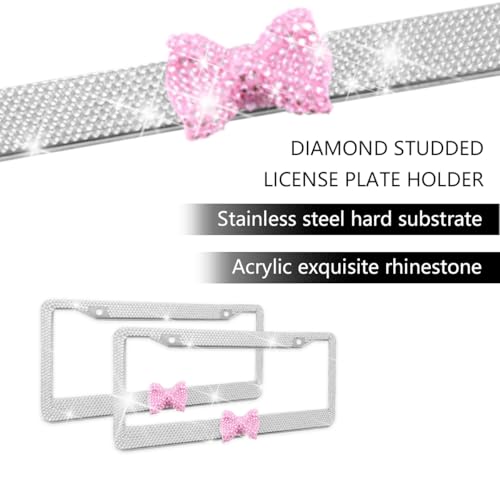 Bling Car License Plate Frame for Women, 2PCS Crystal Rhinestone Stainless Steel Vehicle Plate Holder, Glitter Diamond Sparkly Auto Plate Cover Accessories, Universal Fit (White/Pink Bow) - color: White/Pink Bow